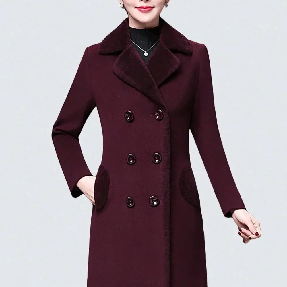 Purple Casual Women's Stylish Double-Breasted Notched Lapel Midi Pea Coat - Picture 3 of 6